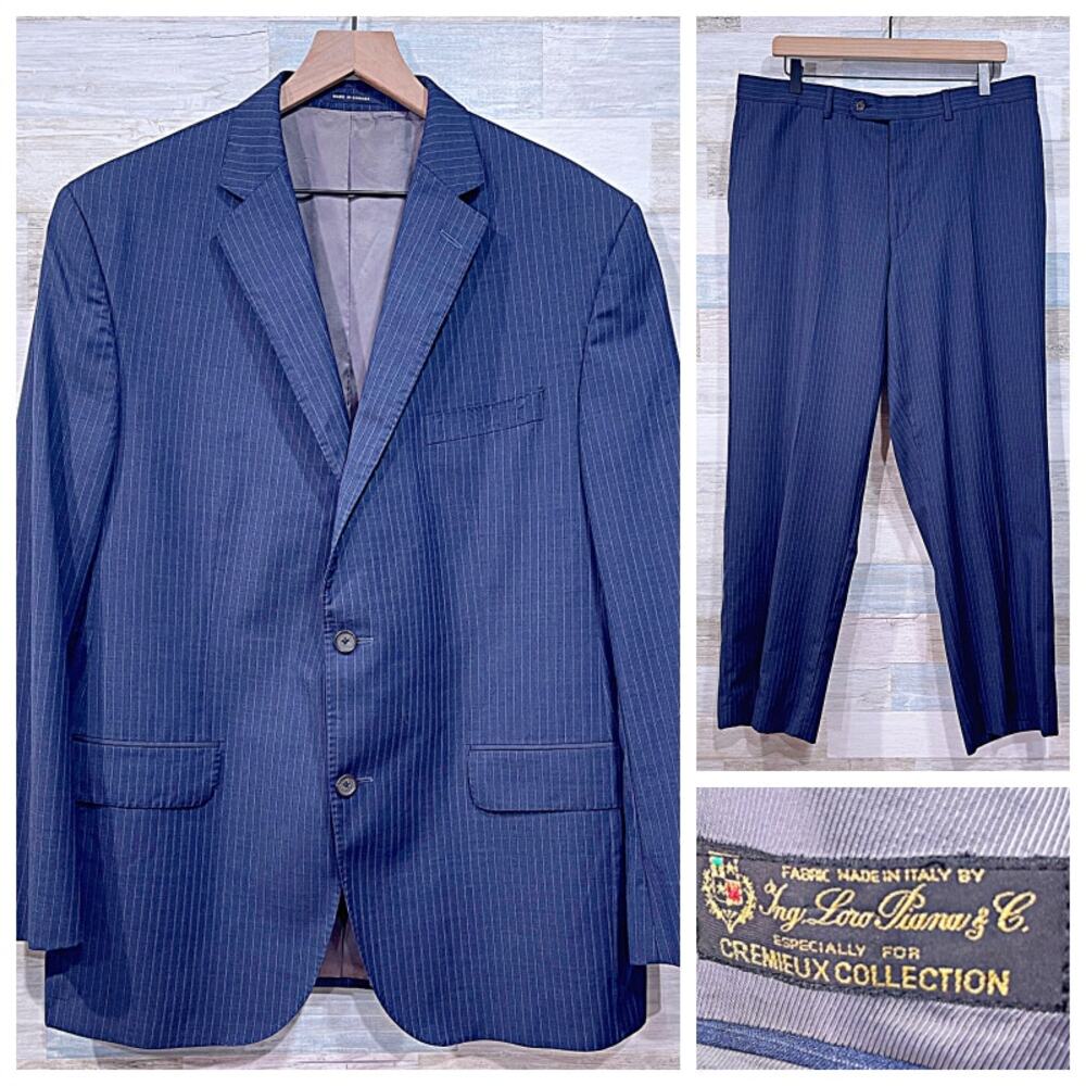 Cremieux Loro Piana Italian Wool Suit Blue Striped Mens 44R 38W Flat Front